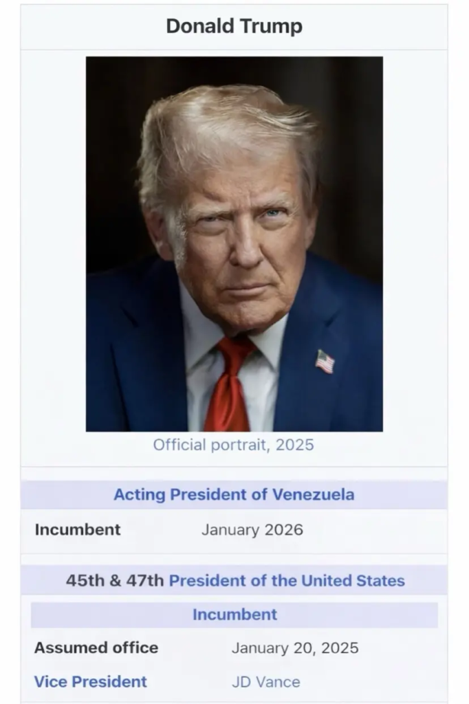 Trump posts fake Wikipedia image claiming him to be Venezuela's acting President